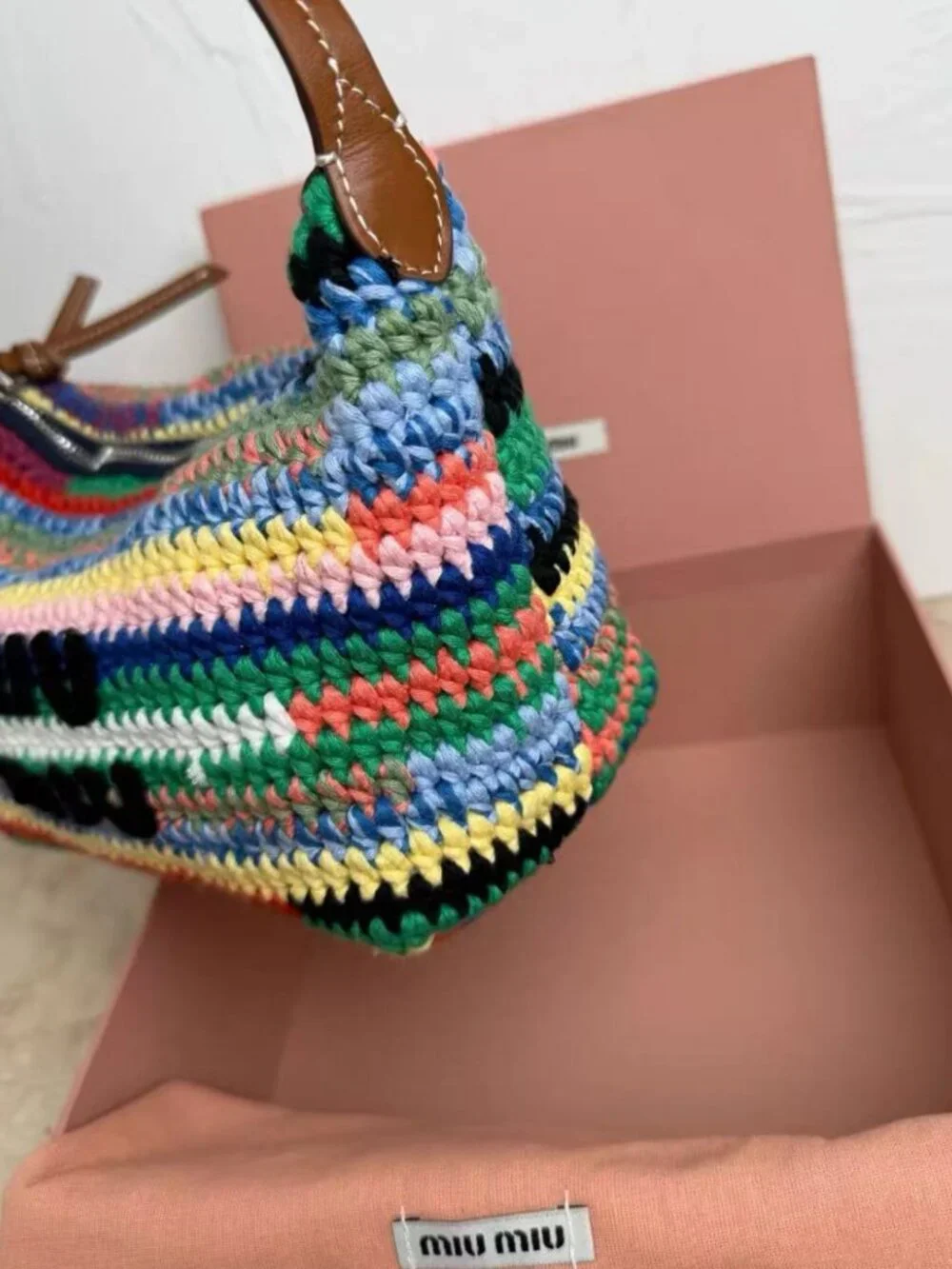 Miu Miu Rainbow Striped Knit Raffia Shoulder Bag